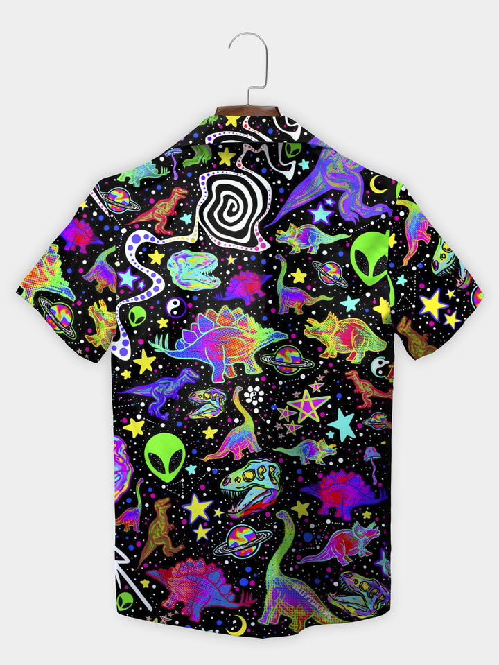 Black Neon Dinosaur Alien Galaxy Adventure Short Sleeve Hawaiian Shirt  Back