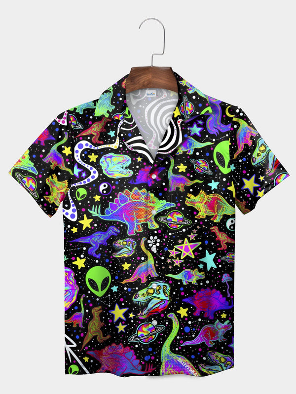 Black Neon Dinosaur Alien Galaxy Adventure Short Sleeve Hawaiian Shirt  Front