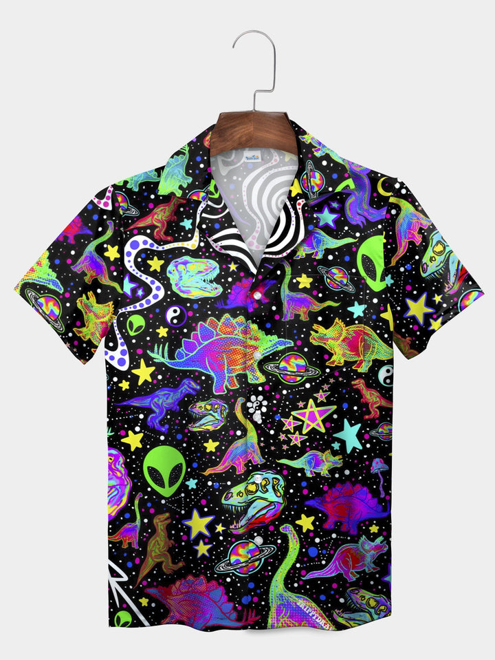 Black Neon Dinosaur Alien Galaxy Adventure Short Sleeve Hawaiian Shirt  Front