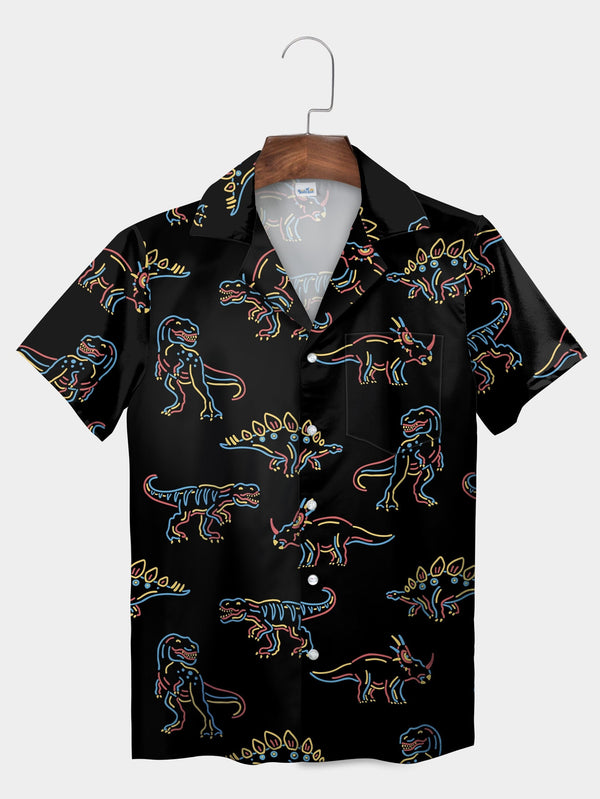 Black Neon Dinosaur Vibrant Look Short Sleeve Hawaiian Shirt  Front