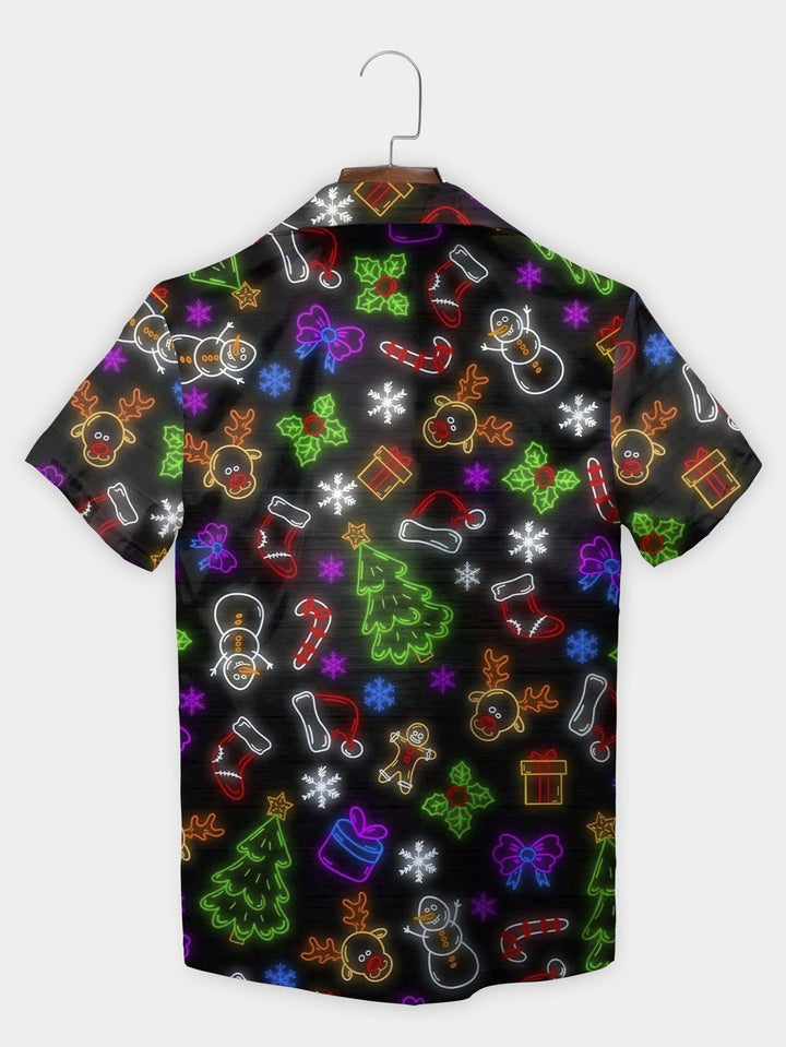 Black Neon Icons Gingerbread Snowflake Tree Short Sleeve Aloha Shirt  Back