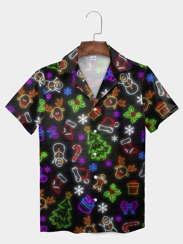 Black Neon Icons Gingerbread Snowflake Tree Short Sleeve Aloha Shirt  Front