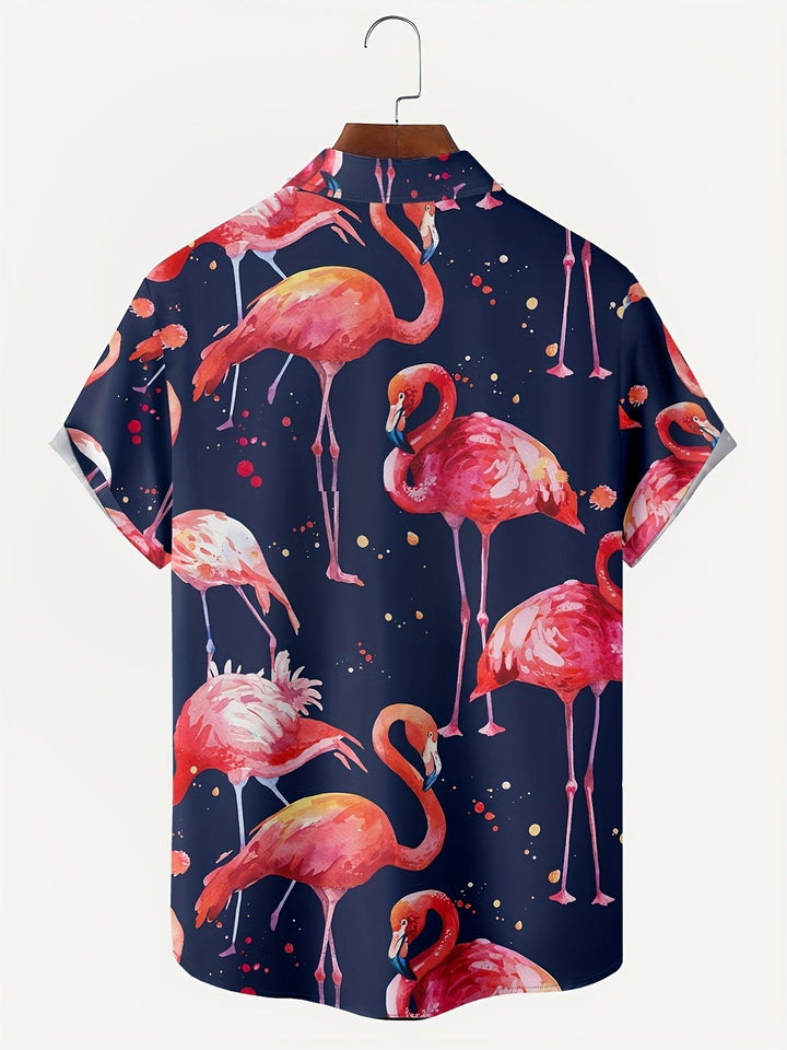 Black Night Flamingo Hawaiian Short Sleeve Shirt  Back