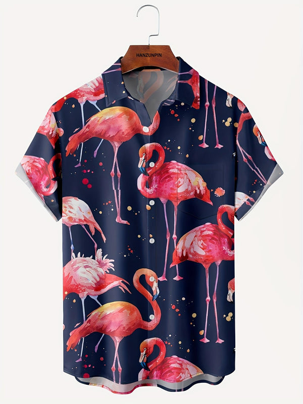 Black Night Flamingo Hawaiian Short Sleeve Shirt  Front