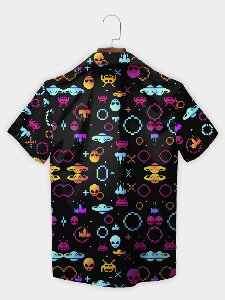 Black Pixelated Alien Retro Arcade Style Short Sleeve Hawaiian Shirt  Back