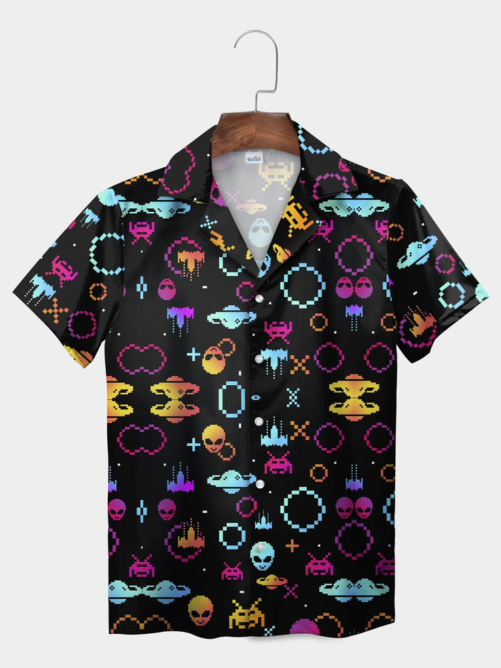 Black Pixelated Alien Retro Arcade Style Short Sleeve Hawaiian Shirt  Front