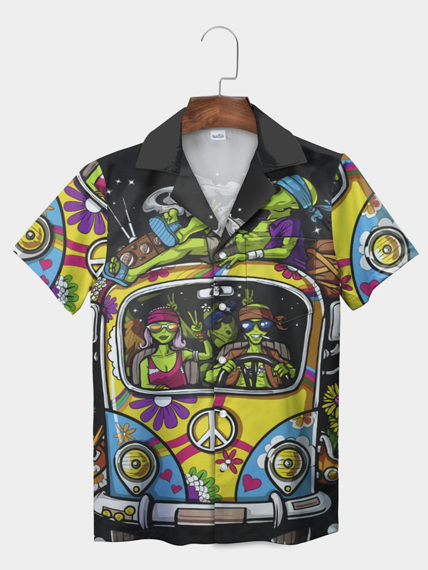 Black Retro Alien Hippie Van Adventure Short Sleeve Hawaiian Shirt  Front