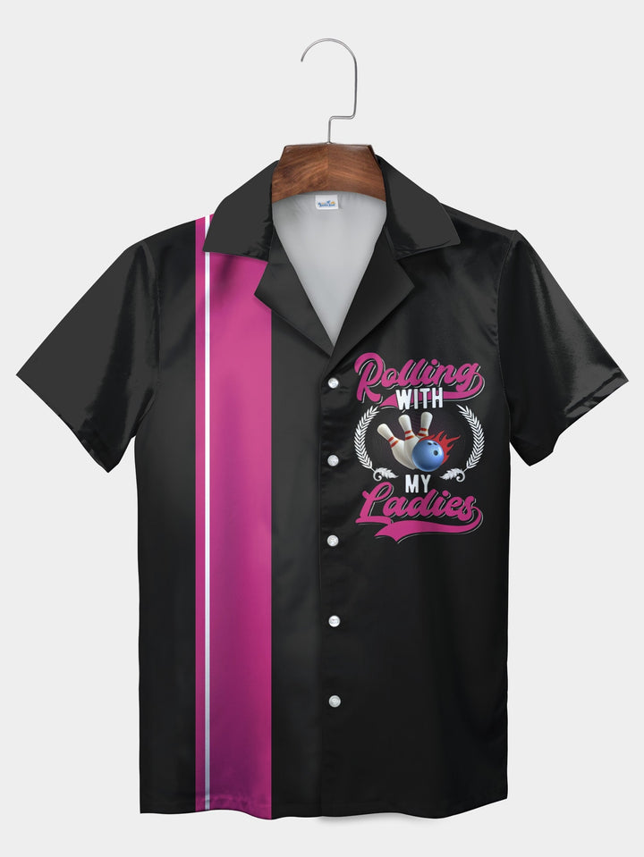 Black Rolling Ladies Bowling Fun Stripe Short Sleeve Hawaiian Shirt  Pocket