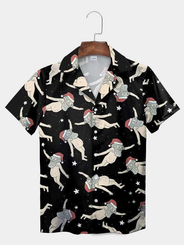 Black Santa Claus Floating Santa Hat Short Sleeve Aloha Shirt  Front