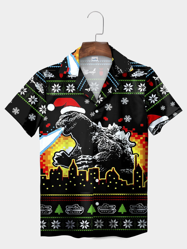 Black Santa Godzilla City Lights Ugly Christmas Short Sleeve Hawaiian Shirt  Front