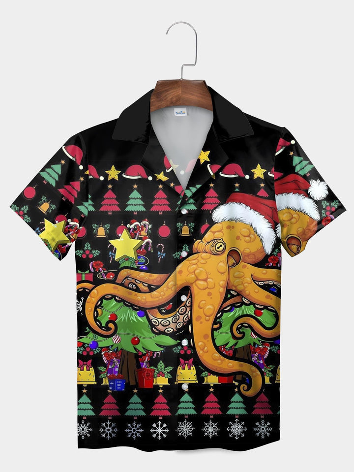 Black Santa Hat Octopus Christmas Tree Gift Short Sleeve Aloha Shirt  Front