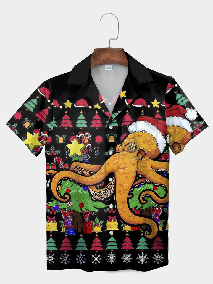 Black Santa Hat Octopus Christmas Tree Gift Short Sleeve Aloha Shirt  Pocket