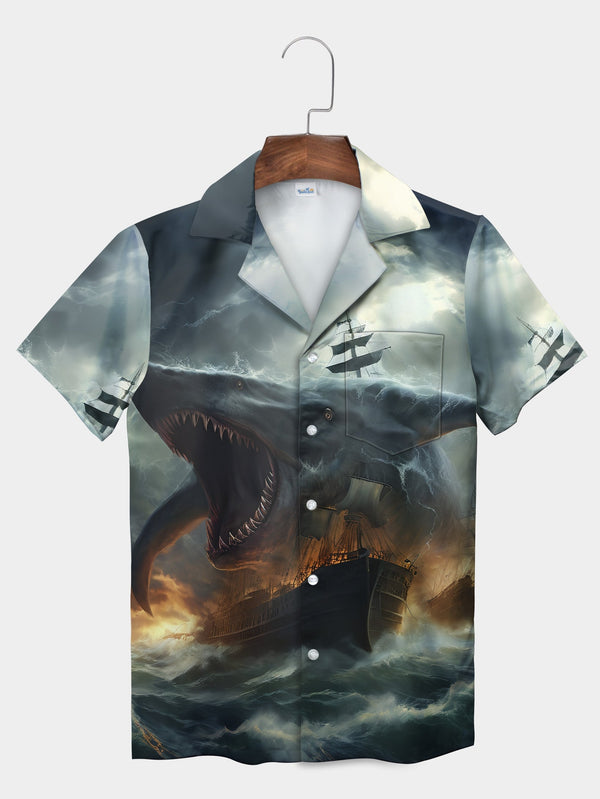 Black Shark Attack On Pirate Ship Boat Storm Short Sleeve Hawaiian Shirt  Front