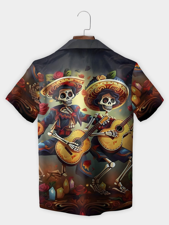 Black Skeleton Guitar Serenade Design Short Sleeve Hawaiian Shirt  Back