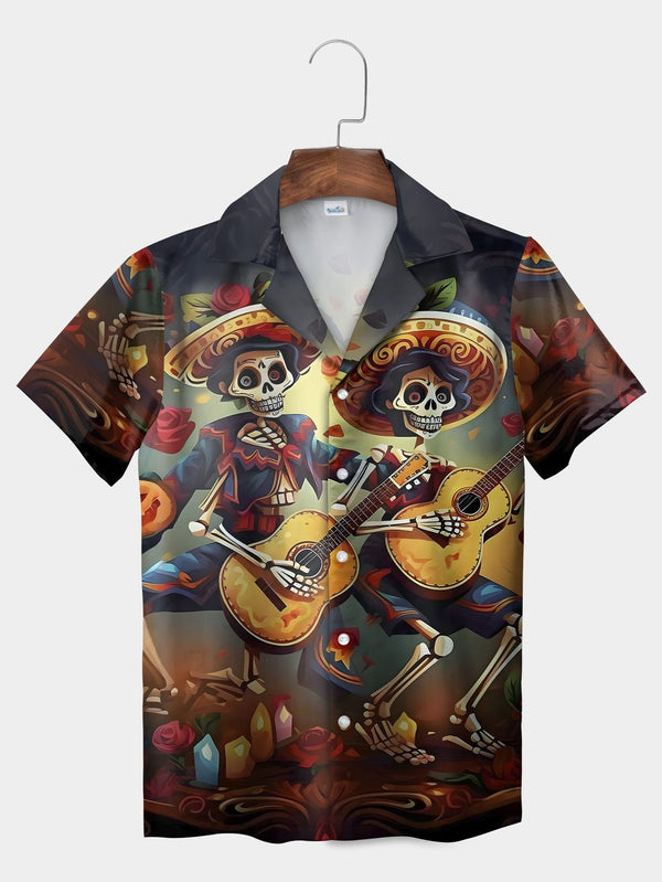 Black Skeleton Guitar Serenade Design Short Sleeve Hawaiian Shirt  Front