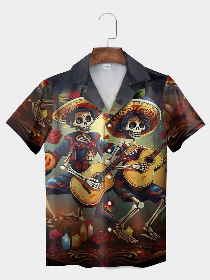 Black Skeleton Guitar Serenade Design Short Sleeve Hawaiian Shirt  Pocket