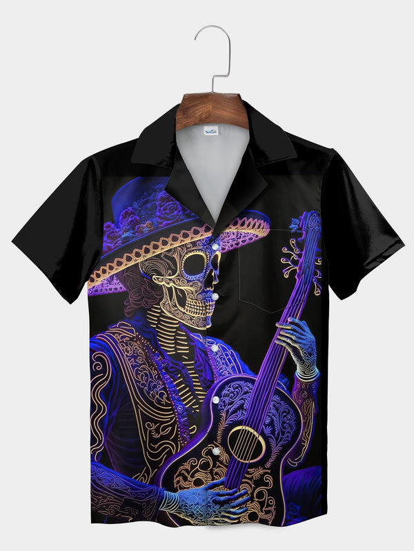 Black Skeleton Mariachi Guitarist Halloween Short Sleeve Hawaiian Shirt  Front