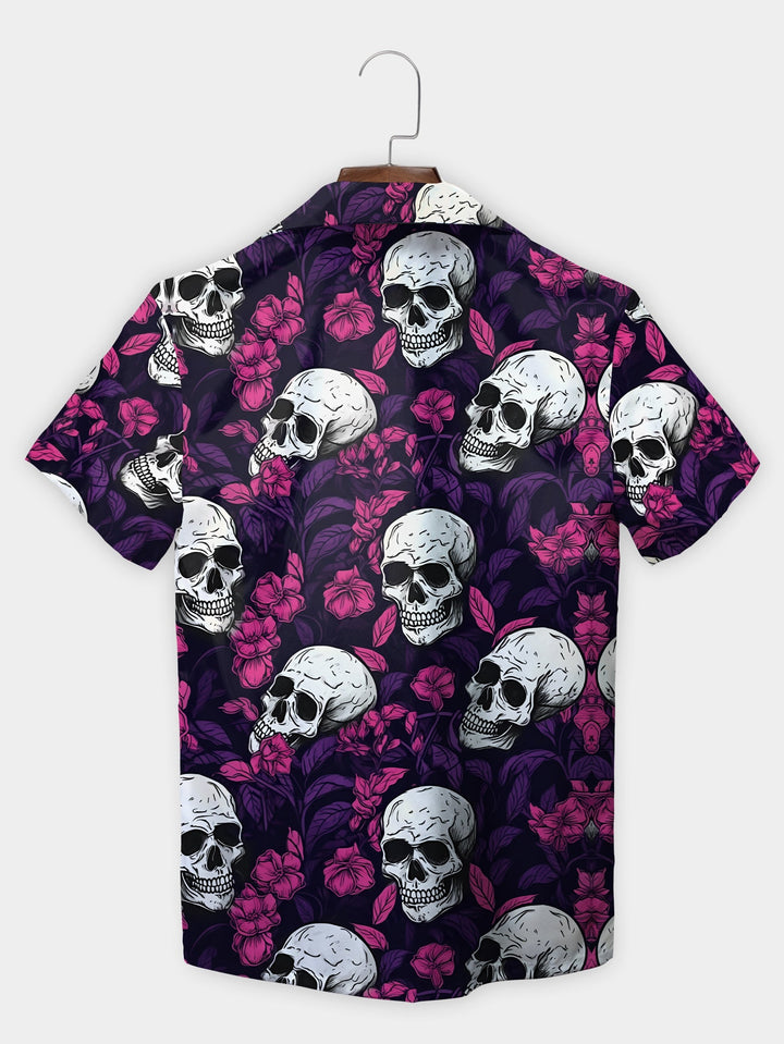 Black Skull Floral Edgy Style Short Sleeve Hawaiian Shirt  Back