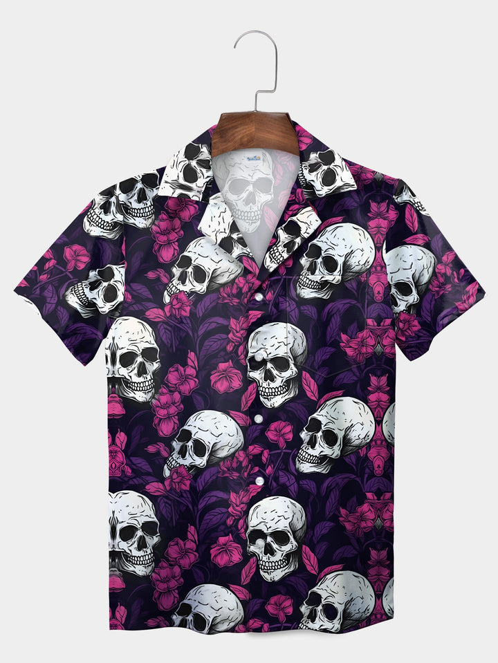 Black Skull Floral Edgy Style Short Sleeve Hawaiian Shirt  Front