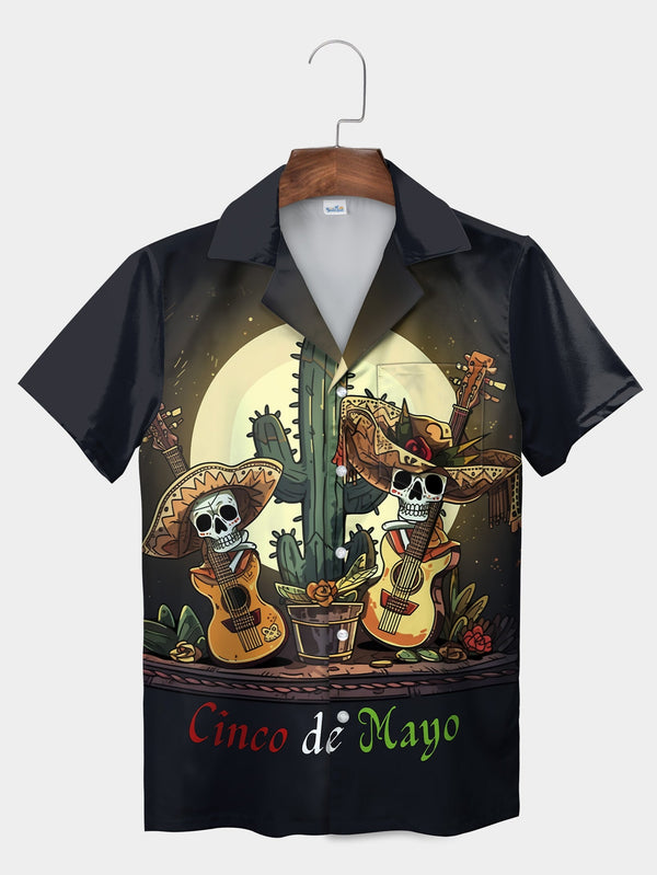 Black Skull Guitar Cinco De Mayo Short Sleeve Hawaiian Shirt  Front