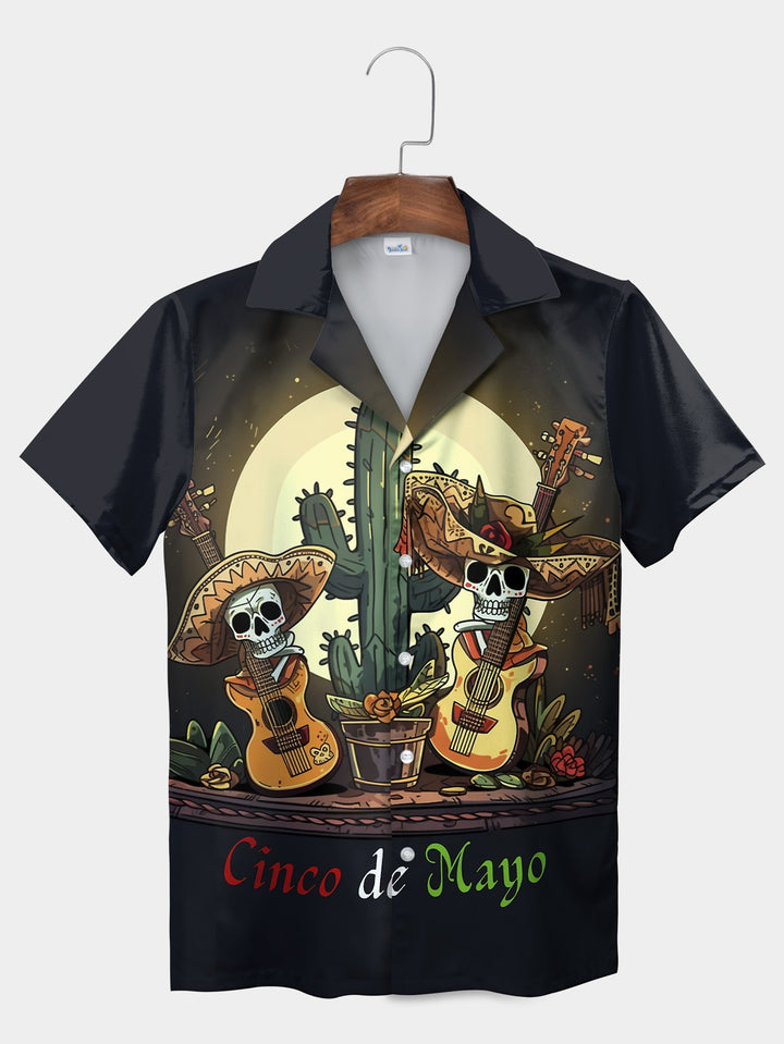 Black Skull Guitar Cinco De Mayo Short Sleeve Hawaiian Shirt  Pocket