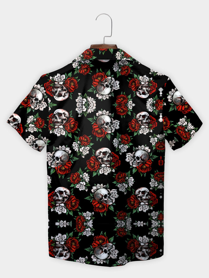 Black Skull Rose Pattern Bold Style Short Sleeve Hawaiian Shirt  Back