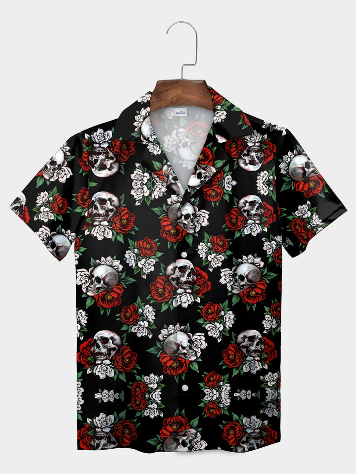 Black Skull Rose Pattern Bold Style Short Sleeve Hawaiian Shirt  Pocket