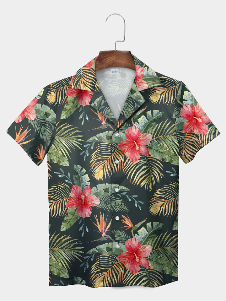 Black Tropical Hibiscus Palm Leaf Short Sleeve Hawaiian Shirt  Pocket