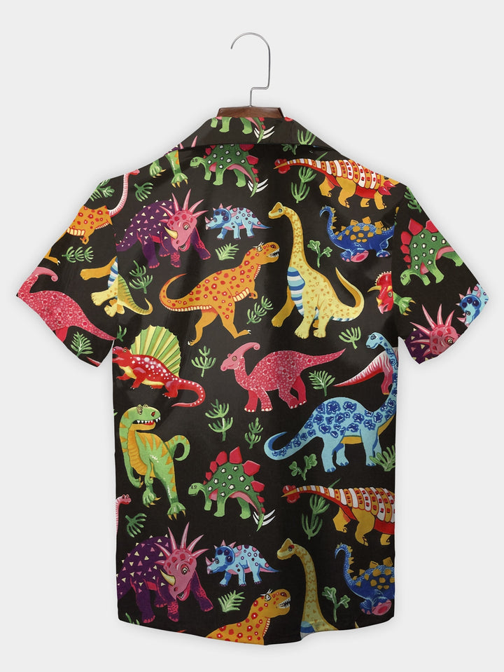 Black Vibrant Dinosaur Pattern Graphic Short Sleeve Hawaiian Shirt  Back