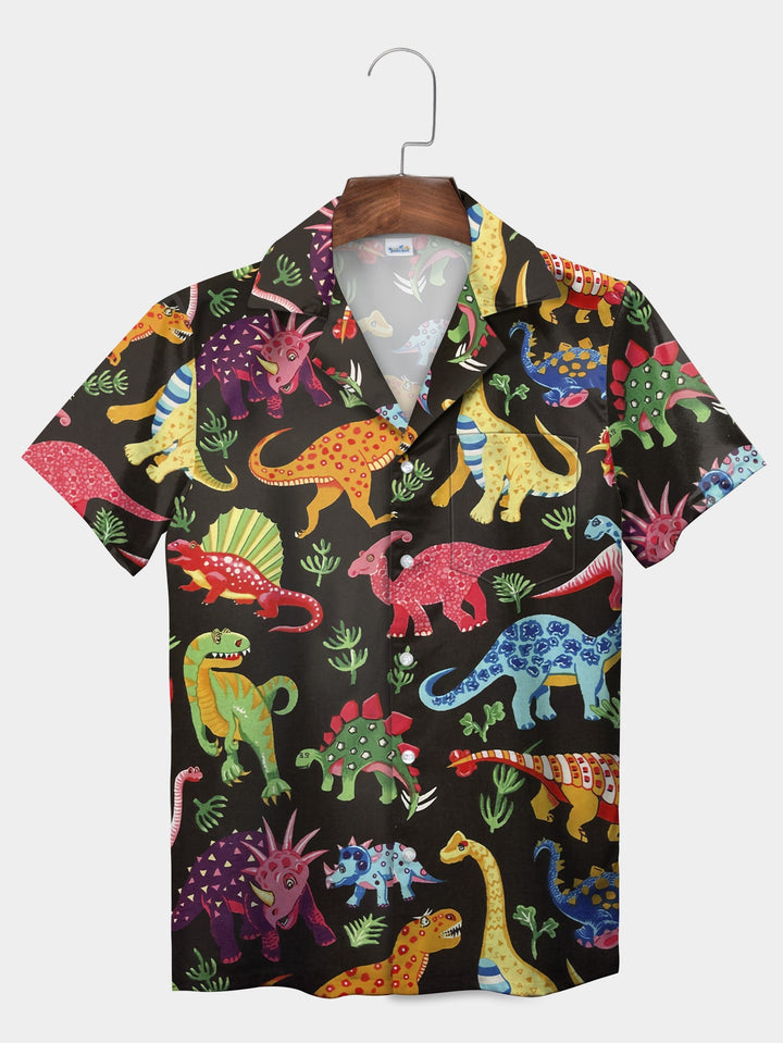 Black Vibrant Dinosaur Pattern Graphic Short Sleeve Hawaiian Shirt  Front