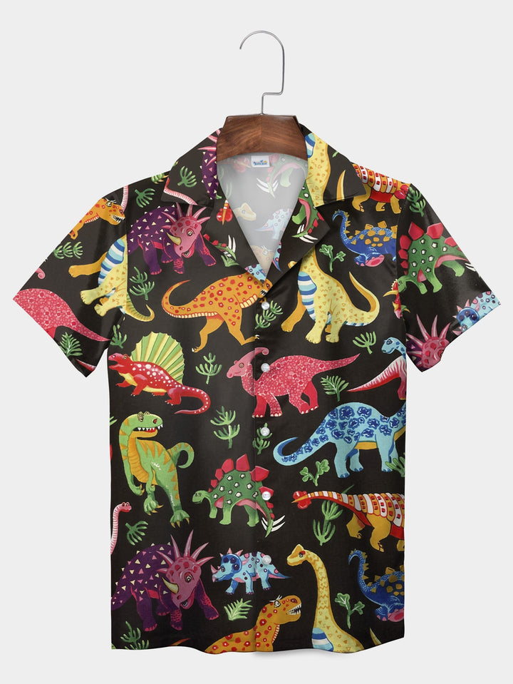 Black Vibrant Dinosaur Pattern Graphic Short Sleeve Hawaiian Shirt  Pocket