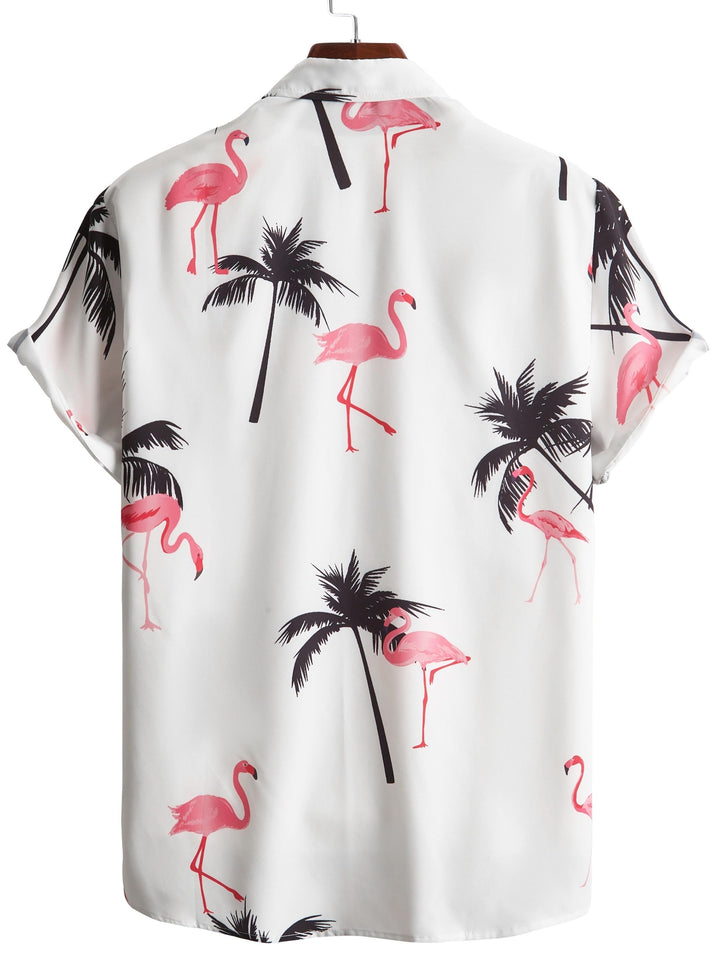 Black White Flamingo Palms Hawaiian Short Sleeve Shirt  Back