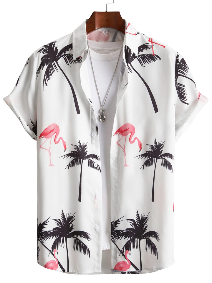 Black White Flamingo Palms Hawaiian Short Sleeve Shirt  Front