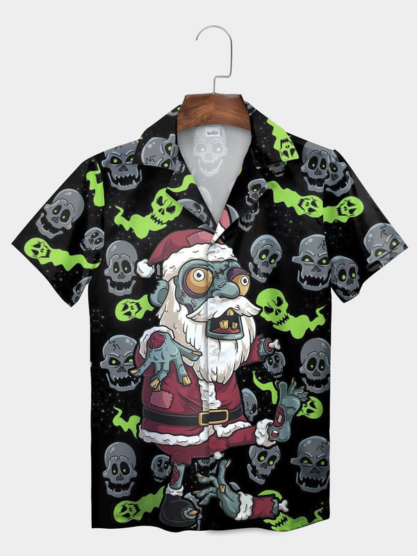 Black Zombie Santa Skull Smoke Design Short Sleeve Aloha Shirt  Front