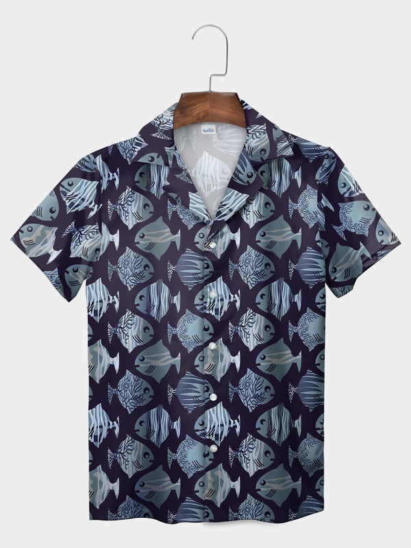 Blue Angelfish Pattern Vibrant Ocean Short Sleeve Hawaiian Shirt Front