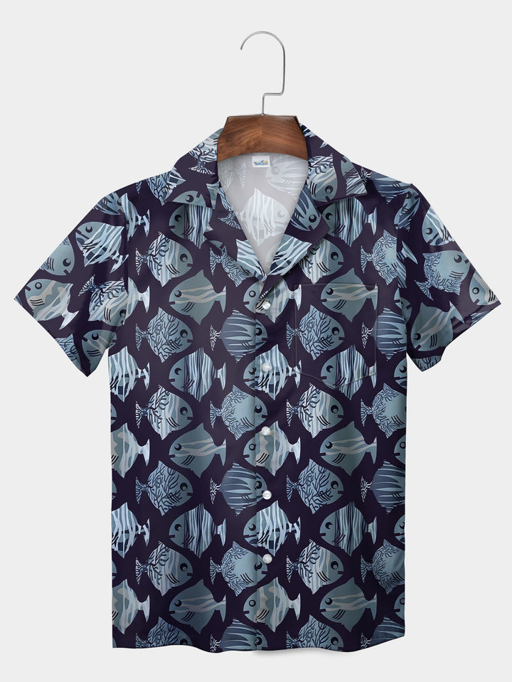 Blue Angelfish Pattern Vibrant Ocean Short Sleeve Hawaiian Shirt Pocket