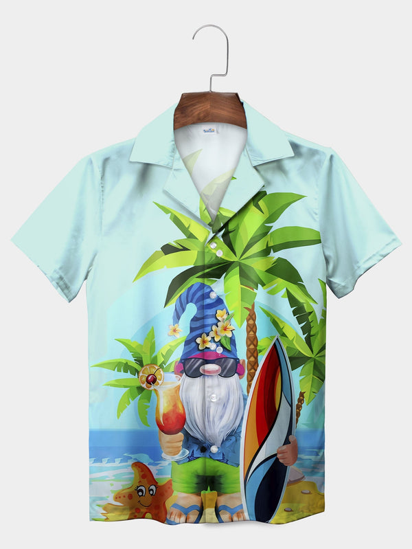 Blue Beach Gnome Holding Cocktail Surfboard Hawaiian Shirt