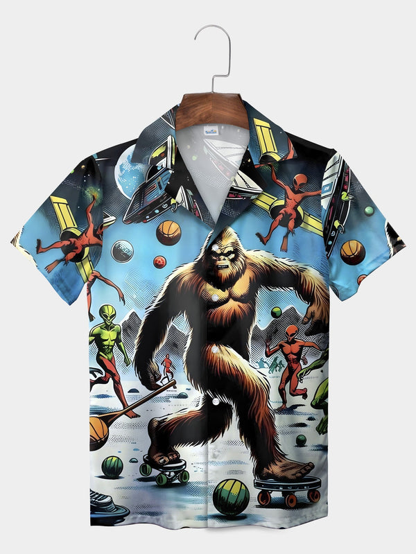 Blue Bigfoot Alien Skate Park Extravaganza Short Sleeve Hawaiian Shirt  Front