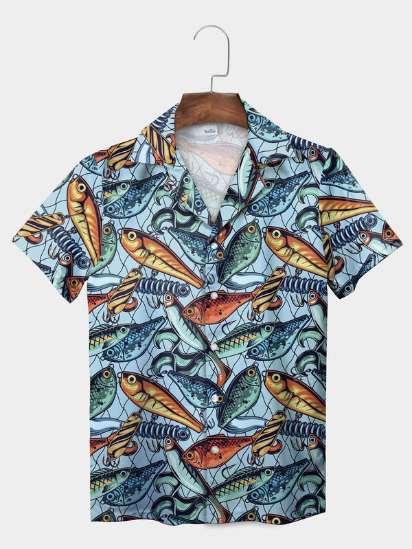 Blue Bold Fish Vibrant Ocean Inspired Short Sleeve Aloha Shirt  Front