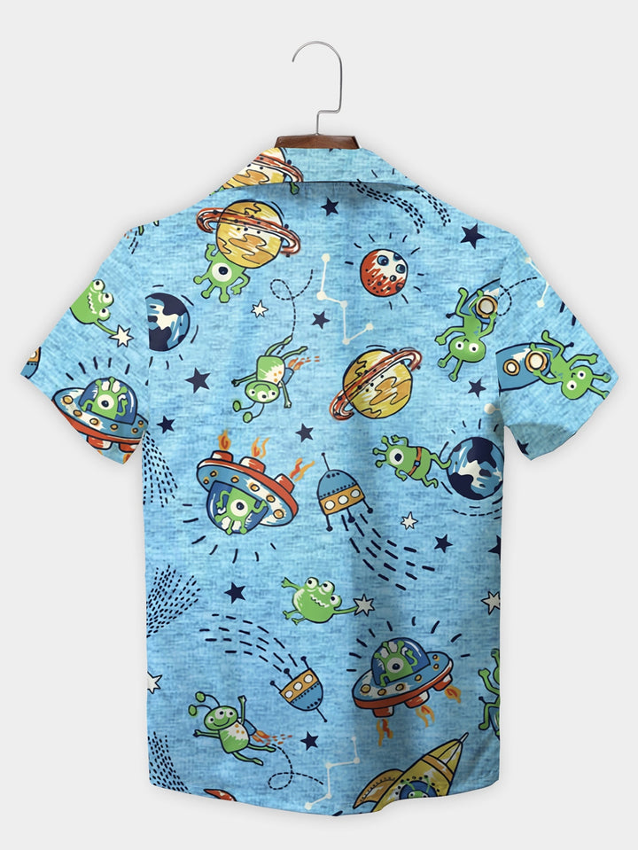 Blue Cartoon Alien Rocket Adventure Short Sleeve Hawaiian Shirt  Back