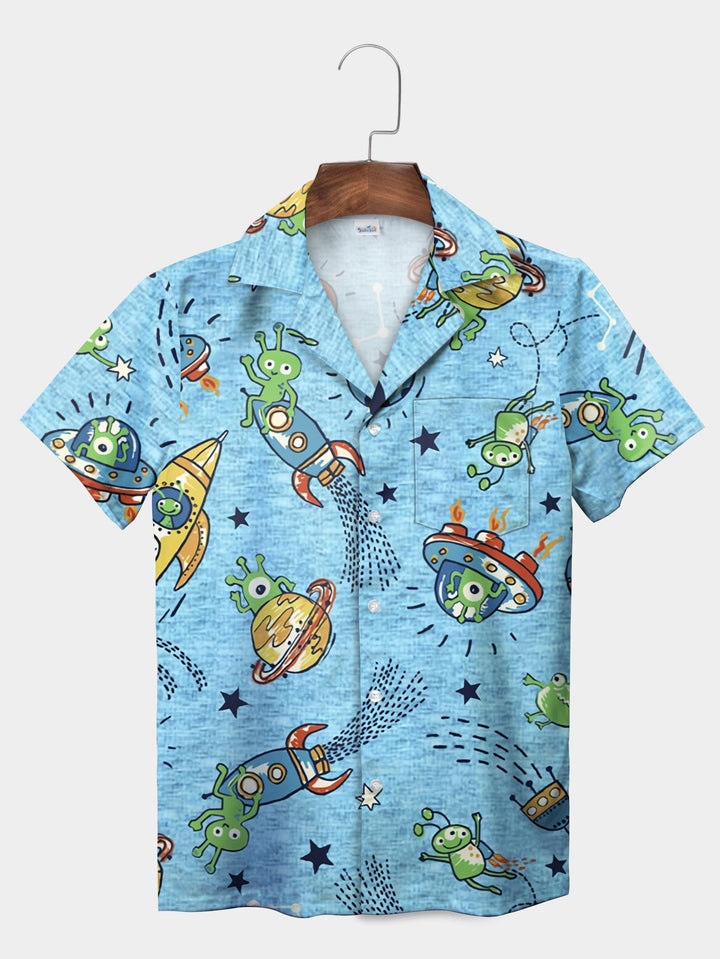 Blue Cartoon Alien Rocket Adventure Short Sleeve Hawaiian Shirt  Front