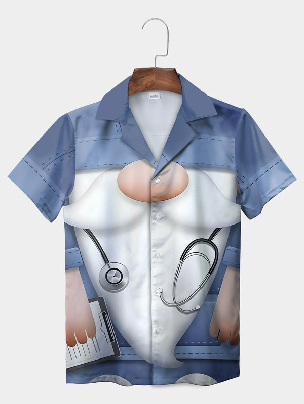 Blue Cartoon Doctor Gnome Stethoscope Medical Short Sleeve Hawaiian Shirt  Front