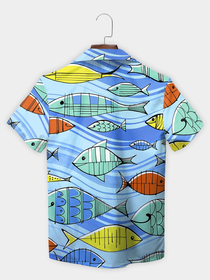 Blue Cartoon Fish Illustration Ocean Aquatic Short Sleeve Aloha Shirt  Back