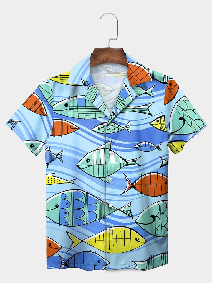 Blue Cartoon Fish Illustration Ocean Aquatic Short Sleeve Aloha Shirt  Front