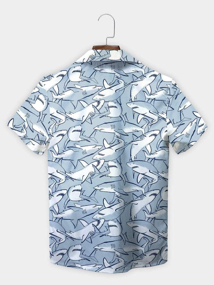 Blue Cartoon Shark Pattern Fun Cute Ocean Short Sleeve Hawaiian Shirt  Back