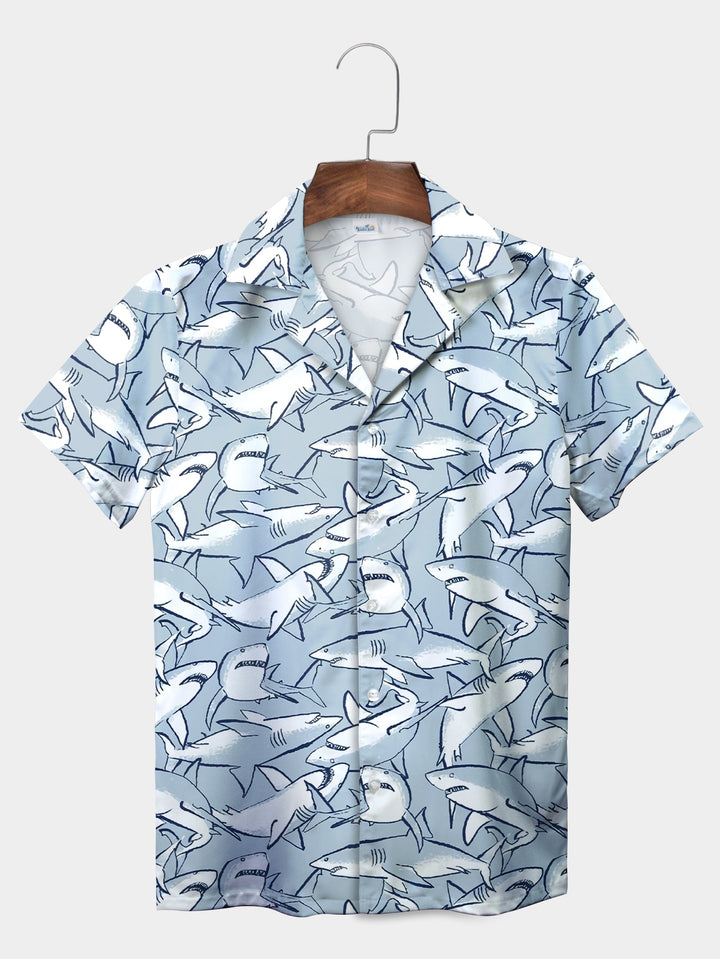 Blue Cartoon Shark Pattern Fun Cute Ocean Short Sleeve Hawaiian Shirt  Front