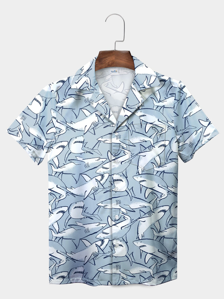 Blue Cartoon Shark Pattern Fun Cute Ocean Short Sleeve Hawaiian Shirt  Pocket