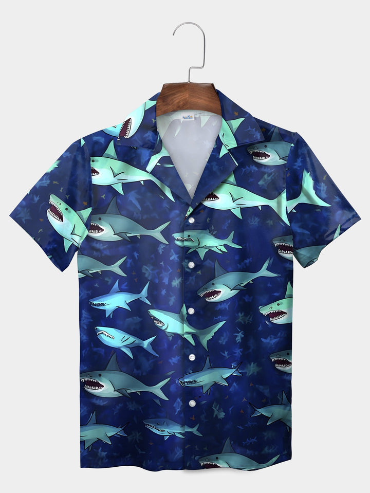 Blue Cartoon Shark Pattern Fun Ocean Life Short Sleeve Hawaiian Shirt  Front