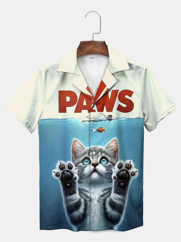 Blue Cat Paws Parody Jaws Theme Ocean Scene Short Sleeve Aloha Shirt  Front