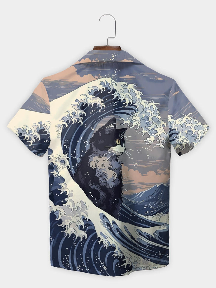 Blue Cat Sitting In Majestic Ocean Wave Art Short Sleeve Aloha Shirt  Back